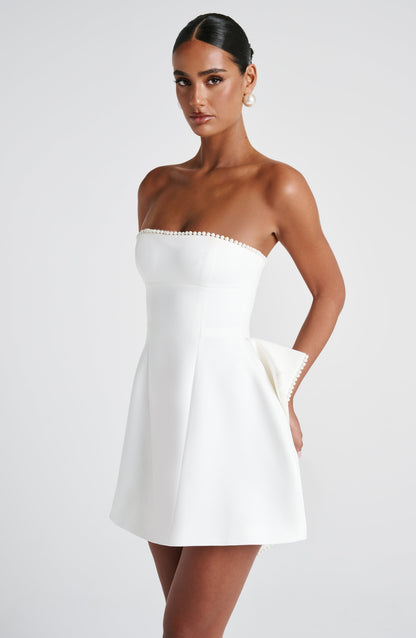 Pearl Trim Strapless Paneled Bow Back A-Line Mini Dress