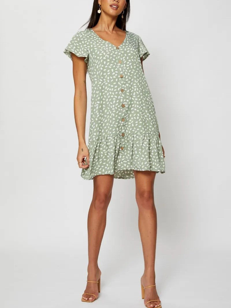 V-neck Single Breasted  Printed Dress