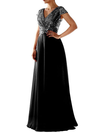 V-neck Sequined Chiffon Panel Evening Dress Bridesmaid Dress