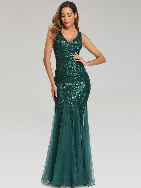 Sequin Panel Mesh Mermaid  Evening Dress Double V Neck Sleeveless Shiny Bridesmaid Dress