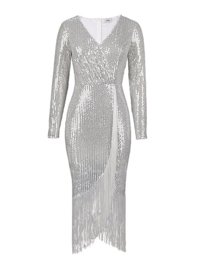 Sequined High Stretch Slit Fringe Dress Cocktail Evening Dress