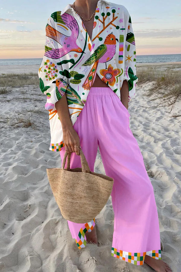 Bird Print Oversized Shirt and Elastic Waist Pocket Pants Set