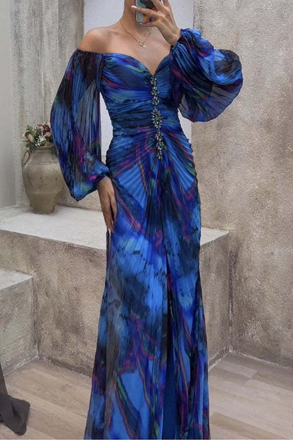 Sunset Serenade Printed Off Shoulder Diamond Embellished Pleated Slit Maxi Dress