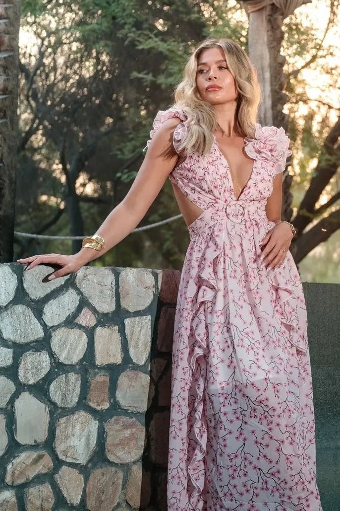 Deep V Neck Waist Cutout 3D Floral Ruffle Tiered Maxi Dress