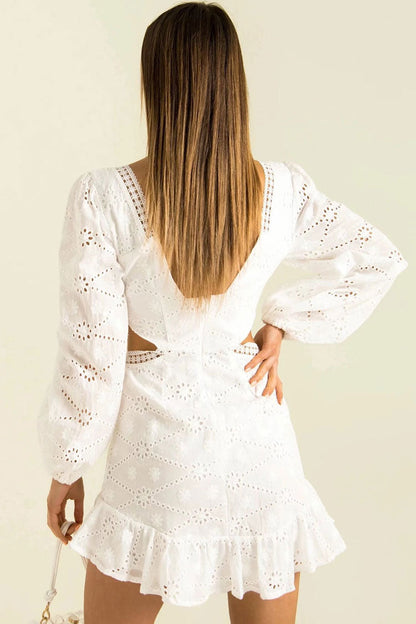 Eyelet Lace Deep V Cutout Puff Sleeve Mini Dress