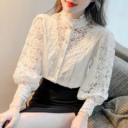 Sweet Hollow Lace Patchwork Button White Blouse