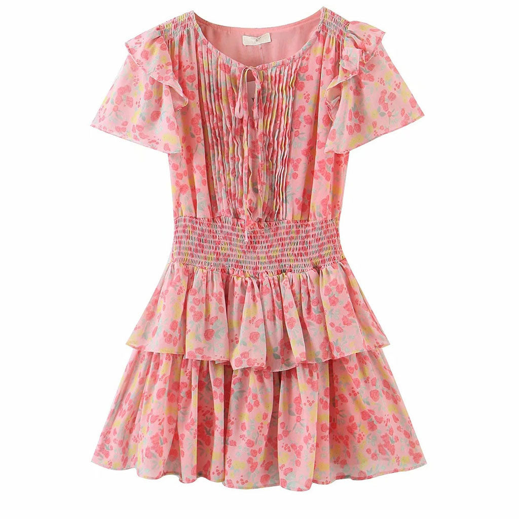V Neck Drawstring Flutter Sleeve Smocked Waist Tiered Ruffle Mini Dress