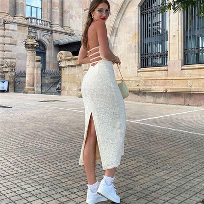 Halter Neck Textured Crinkle Low Back Midi Dress