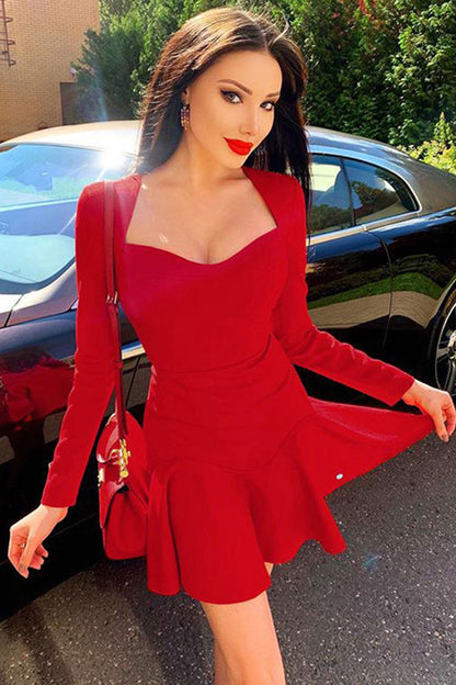 Sweetheart Neck Ruffle Trim Rib Knit Long Sleeve Mini Dress