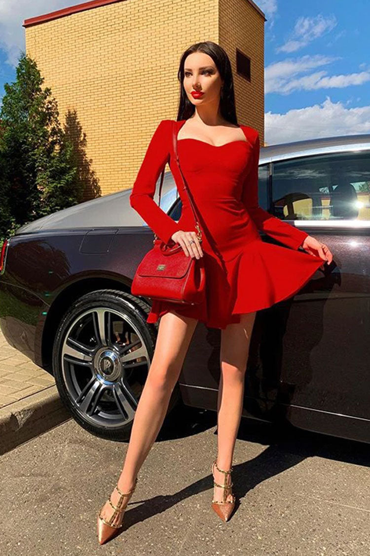 Sweetheart Neck Ruffle Trim Rib Knit Long Sleeve Mini Dress