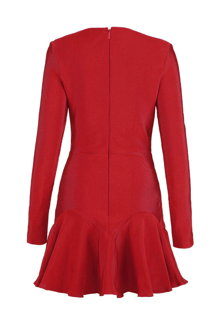 Sweetheart Neck Ruffle Trim Rib Knit Long Sleeve Mini Dress