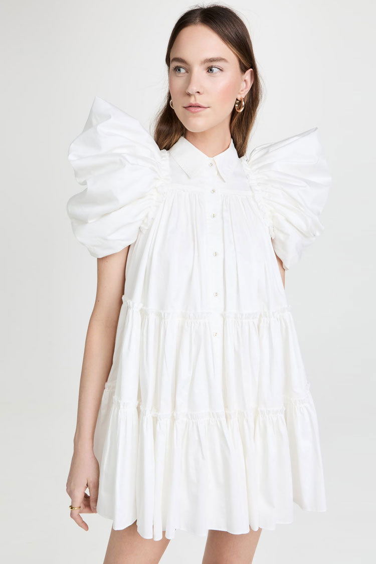 Puff Sleeve Ruched Ruffle Babydoll Shirt Mini Dress