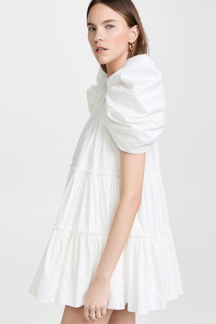 Puff Sleeve Ruched Ruffle Babydoll Shirt Mini Dress