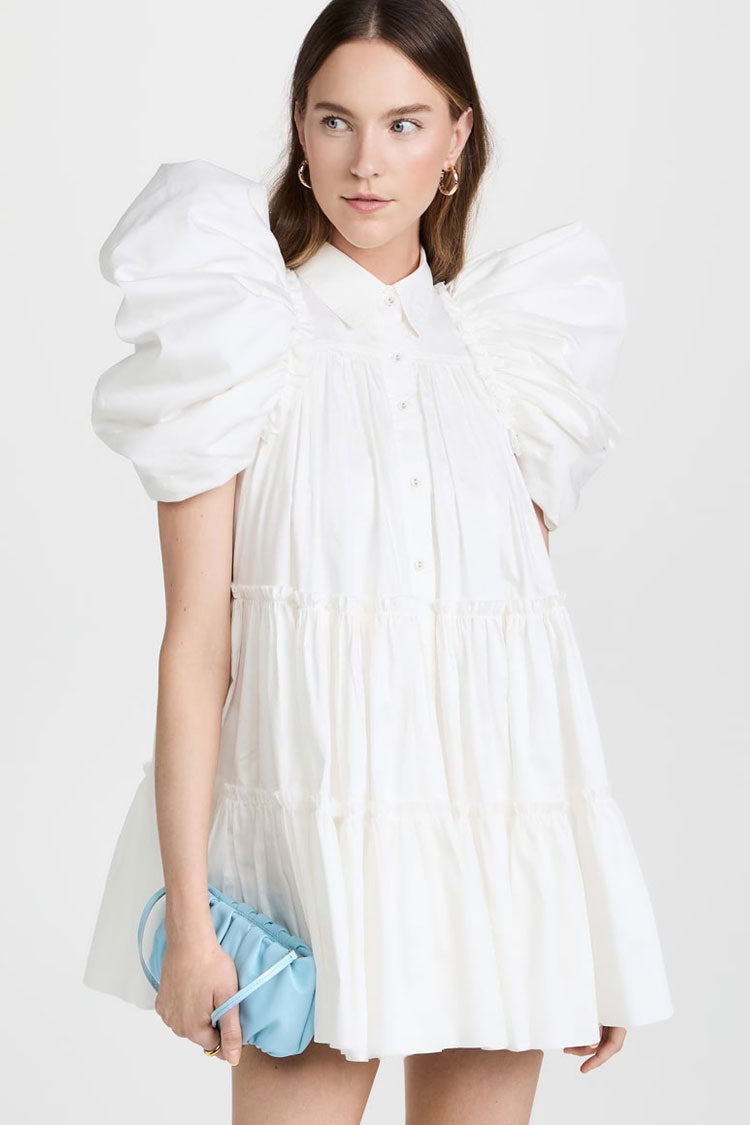 Puff Sleeve Ruched Ruffle Babydoll Shirt Mini Dress
