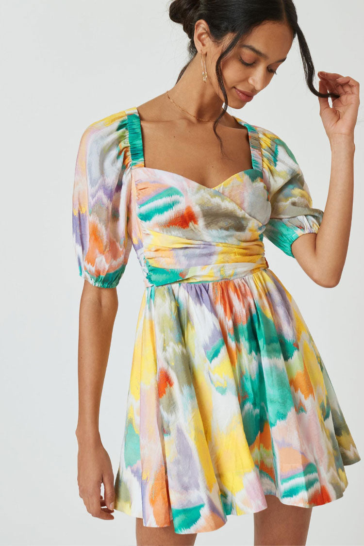 Tie Dye Puff Sleeve Smocked Waist Mini Dress