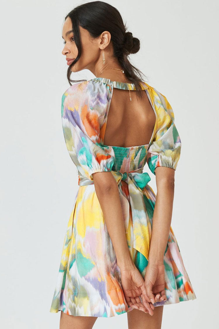 Tie Dye Puff Sleeve Smocked Waist Mini Dress