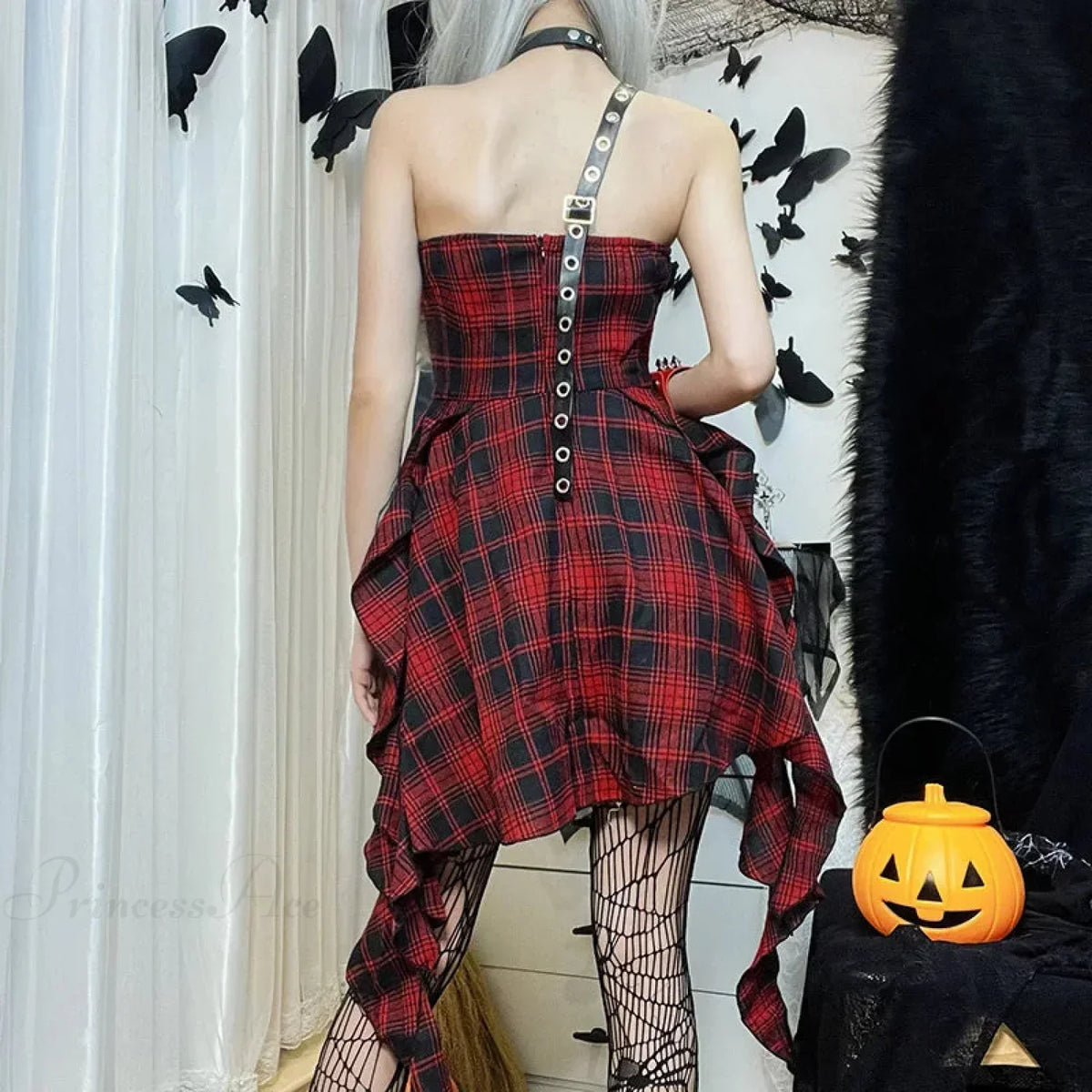 Plaid Strapless Tiered Ruffle Grommet Harness Bodycon Mini Dress