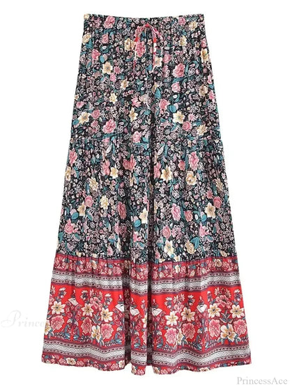 Tassel Floral Print Beach Boho Pleated Maxi Skirt Femme