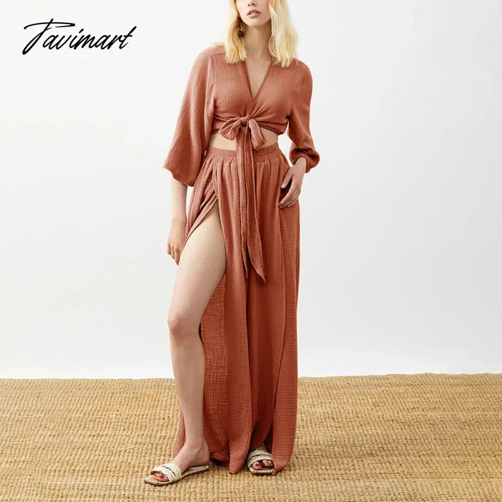 100% Cotton Chic Elegant Two Piece Sets Womens Bandage Lace Up Tops And Long Maxi Skirt Suit Holiday Outifits Summer Tracksuit