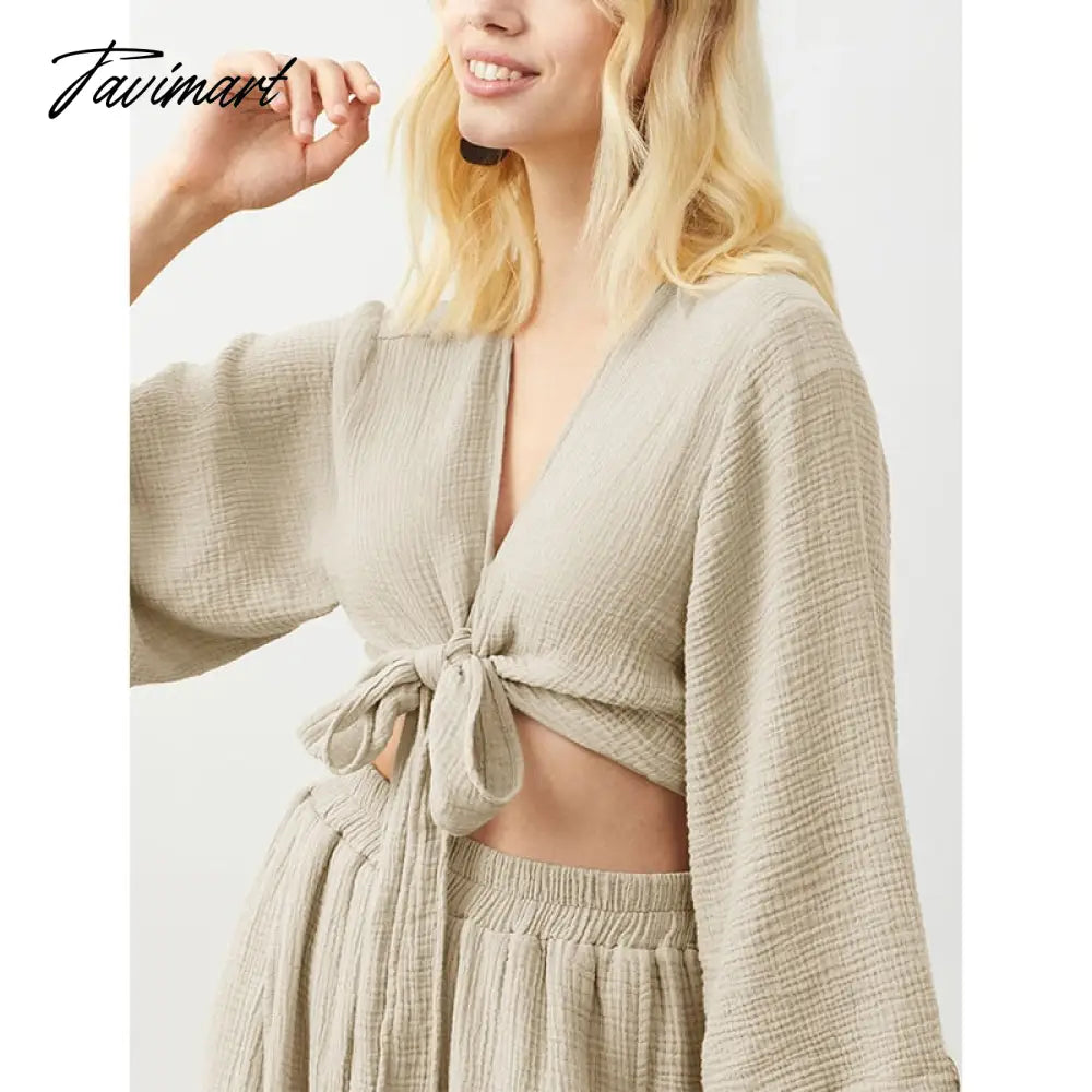 100% Cotton Chic Elegant Two Piece Sets Womens Bandage Lace Up Tops And Long Maxi Skirt Suit Holiday Outifits Summer Tracksuit