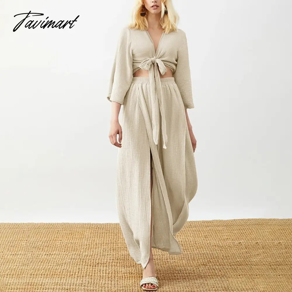 100% Cotton Chic Elegant Two Piece Sets Womens Bandage Lace Up Tops And Long Maxi Skirt Suit Holiday Outifits Summer Tracksuit