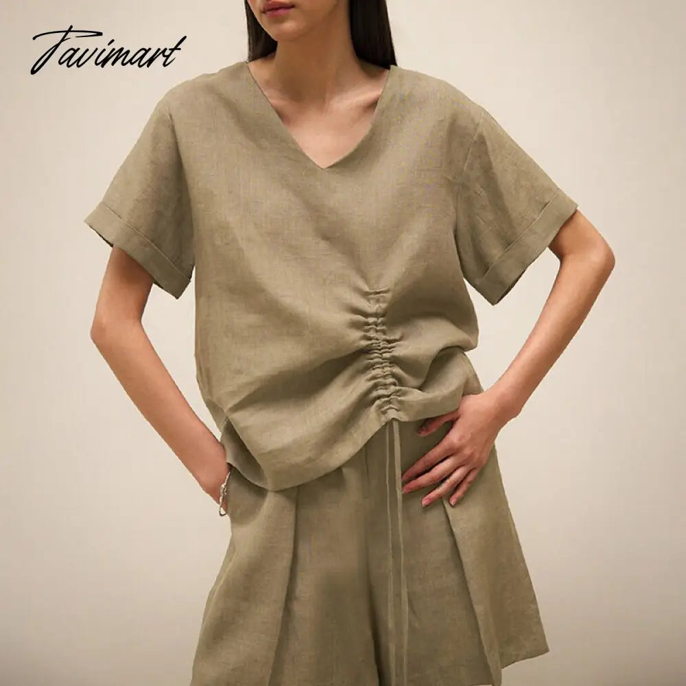 100% Linen Women'S T-Shirt Sexy V-Nevk Short Sleeve Top Drawstring Summer Streetwear Tees Female Clothing Ropa Aesthetic
