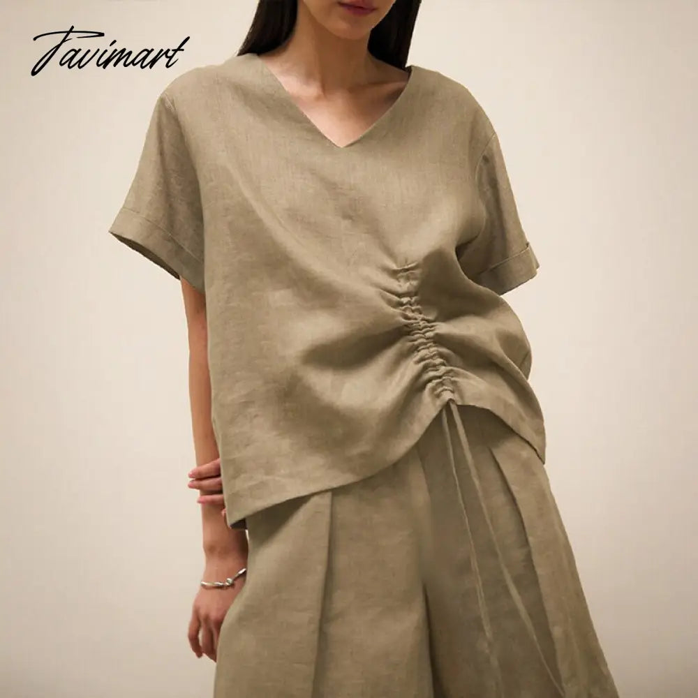 100% Linen Women'S T-Shirt Sexy V-Nevk Short Sleeve Top Drawstring Summer Streetwear Tees Female Clothing Ropa Aesthetic
