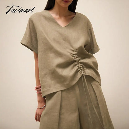 100% Linen Women'S T-Shirt Sexy V-Nevk Short Sleeve Top Drawstring Summer Streetwear Tees Female Clothing Ropa Aesthetic