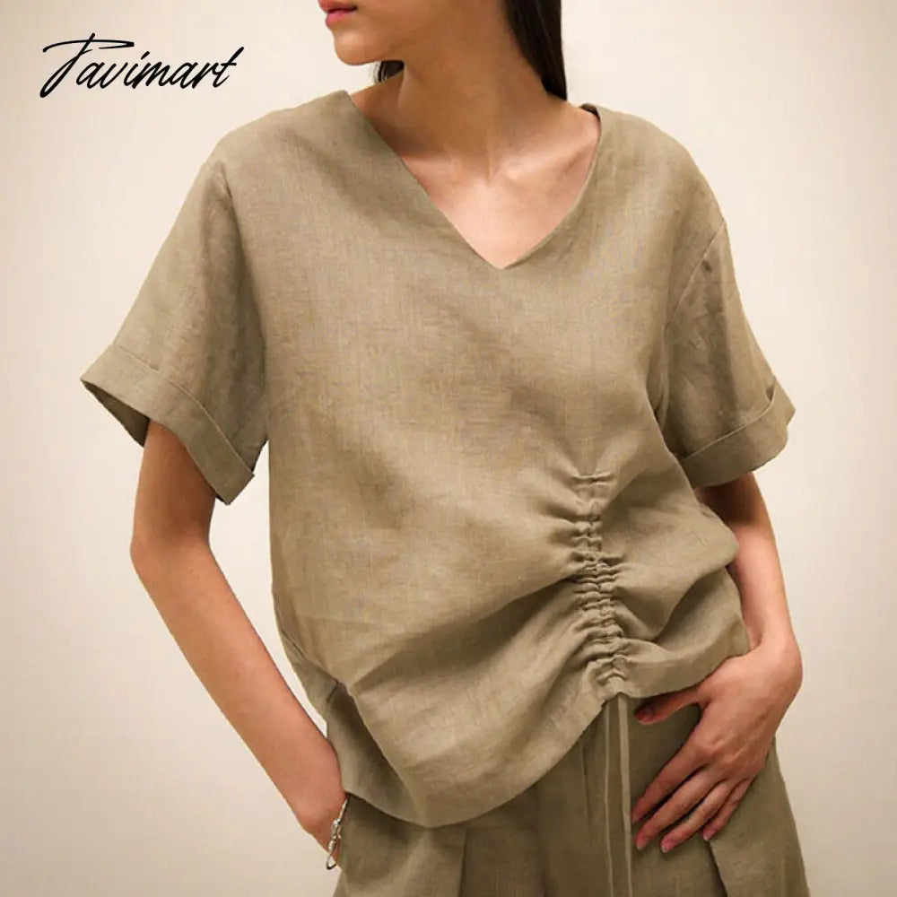 100% Linen Women'S T-Shirt Sexy V-Nevk Short Sleeve Top Drawstring Summer Streetwear Tees Female Clothing Ropa Aesthetic