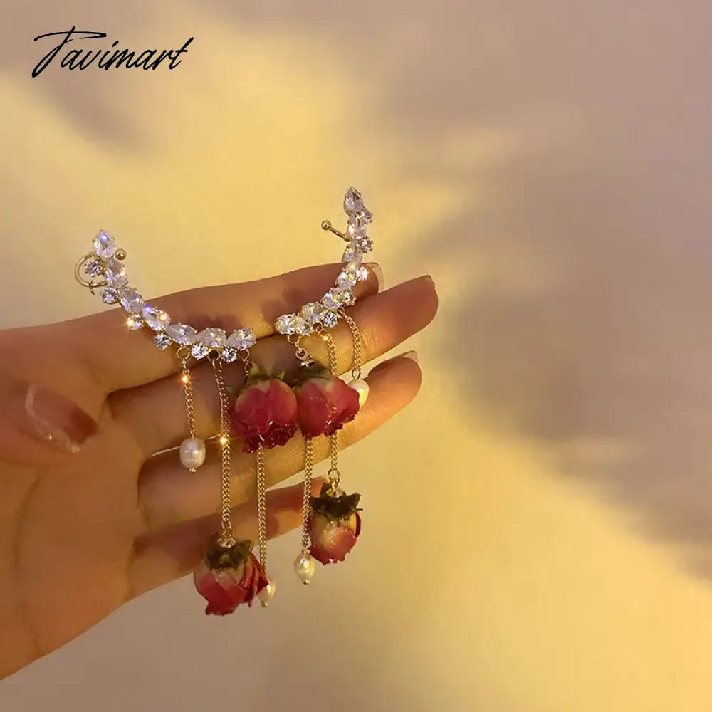 1pc Korean Rose Flower Dangle Earrings for Women Girls Crystal Pendant Fashion Real Rose Earrings Party Jewelry Gift