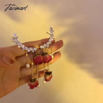 1pc Korean Rose Flower Dangle Earrings for Women Girls Crystal Pendant Fashion Real Rose Earrings Party Jewelry Gift