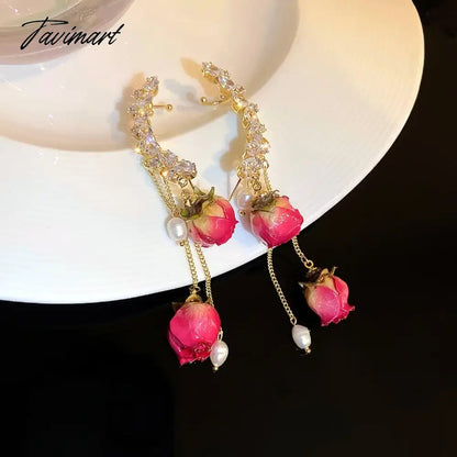 1pc Korean Rose Flower Dangle Earrings for Women Girls Crystal Pendant Fashion Real Rose Earrings Party Jewelry Gift