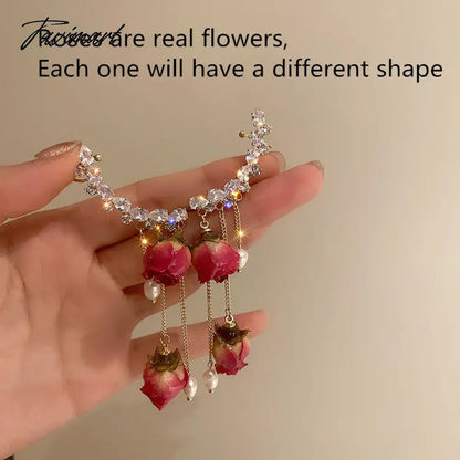1pc Korean Rose Flower Dangle Earrings for Women Girls Crystal Pendant Fashion Real Rose Earrings Party Jewelry Gift