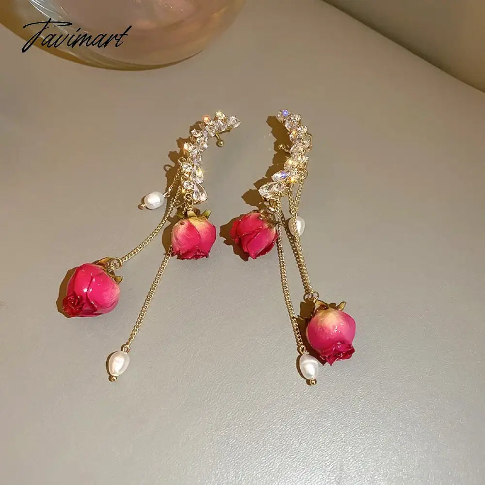 1pc Korean Rose Flower Dangle Earrings for Women Girls Crystal Pendant Fashion Real Rose Earrings Party Jewelry Gift