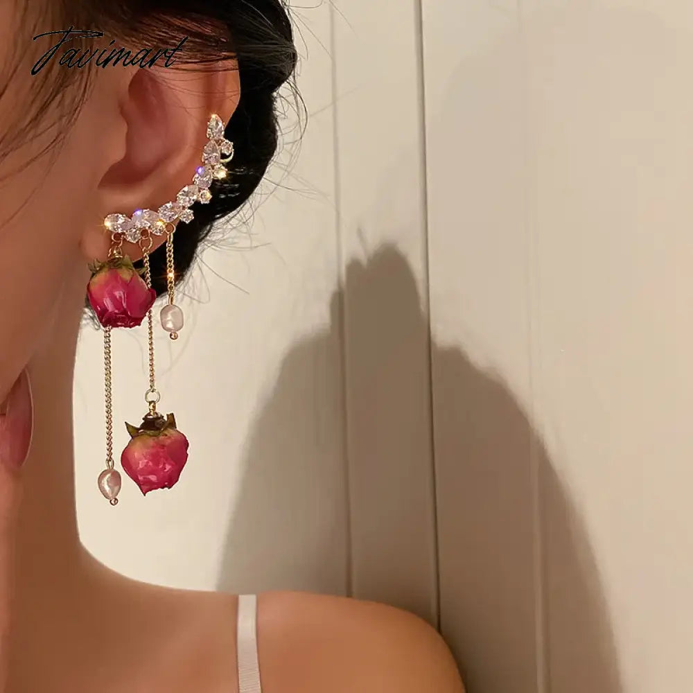 1pc Korean Rose Flower Dangle Earrings for Women Girls Crystal Pendant Fashion Real Rose Earrings Party Jewelry Gift