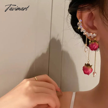 1pc Korean Rose Flower Dangle Earrings for Women Girls Crystal Pendant Fashion Real Rose Earrings Party Jewelry Gift