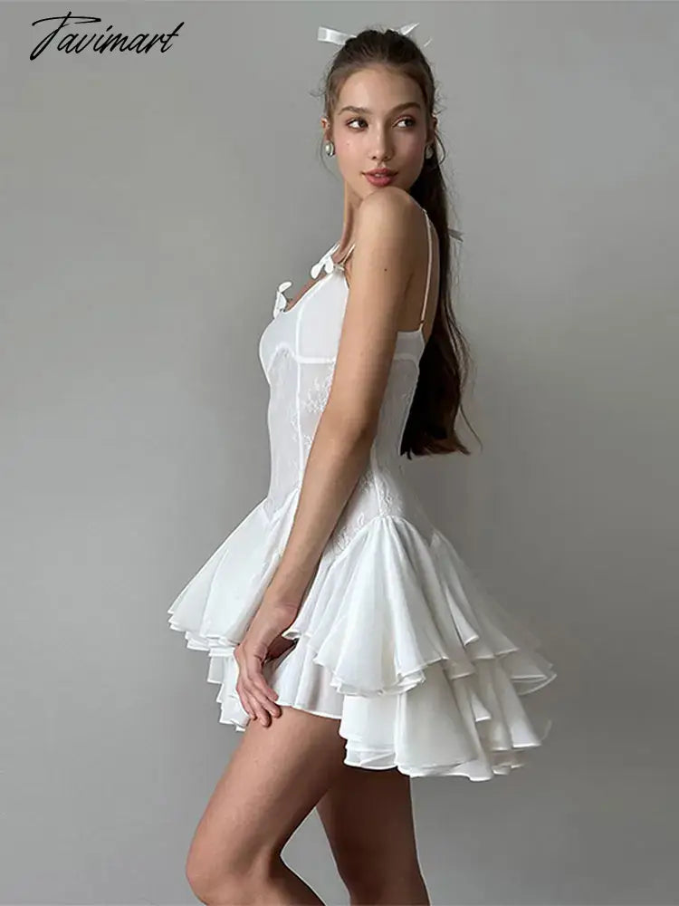 2024 Elegant Lace Patchwork Sling Mini Dress Women Fashion Sleeveless Stack Ruffle Vestidos Spring Lady Elegant Party Club Gown