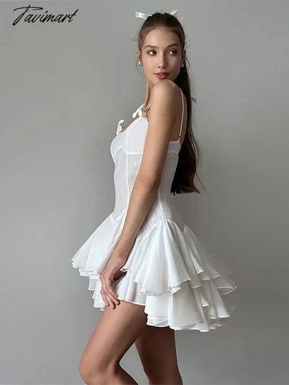 2024 Elegant Lace Patchwork Sling Mini Dress Women Fashion Sleeveless Stack Ruffle Vestidos Spring Lady Elegant Party Club Gown