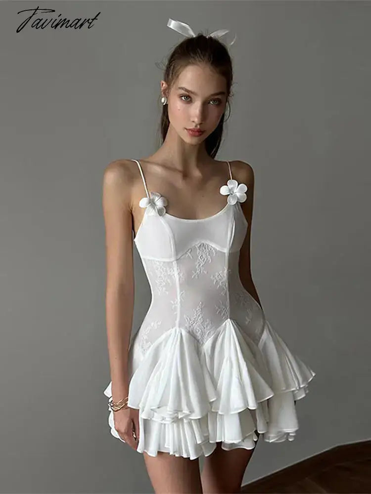 2024 Elegant Lace Patchwork Sling Mini Dress Women Fashion Sleeveless Stack Ruffle Vestidos Spring Lady Elegant Party Club Gown