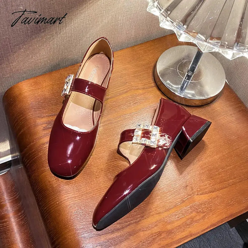 2024 Spring Korea Flats Fashion Mary Jane Shoes Square Toe Women's Shoes Retro Rhinestone Thick Heel PU Red Black Women Pumps