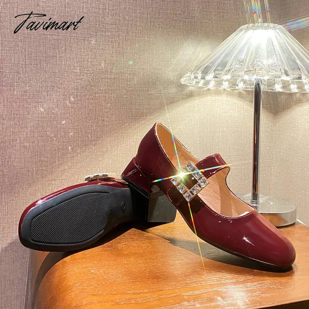 2024 Spring Korea Flats Fashion Mary Jane Shoes Square Toe Women's Shoes Retro Rhinestone Thick Heel PU Red Black Women Pumps