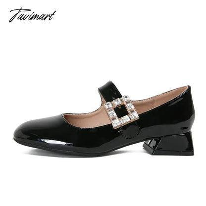2024 Spring Korea Flats Fashion Mary Jane Shoes Square Toe Women's Shoes Retro Rhinestone Thick Heel PU Red Black Women Pumps