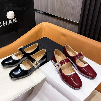 2024 Spring Korea Flats Fashion Mary Jane Shoes Square Toe Women's Shoes Retro Rhinestone Thick Heel PU Red Black Women Pumps