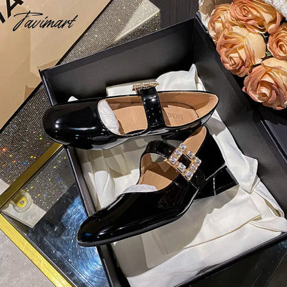 2024 Spring Korea Flats Fashion Mary Jane Shoes Square Toe Women's Shoes Retro Rhinestone Thick Heel PU Red Black Women Pumps