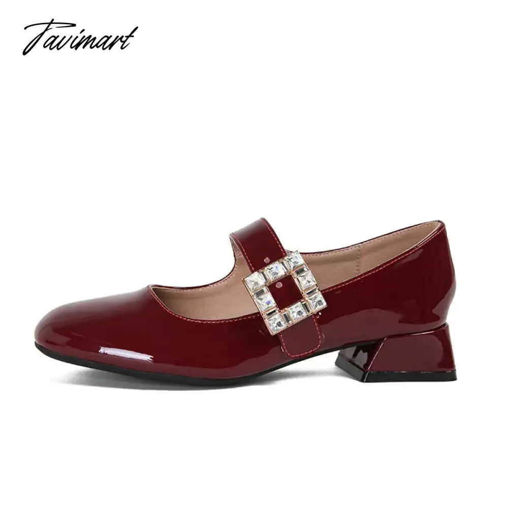 2024 Spring Korea Flats Fashion Mary Jane Shoes Square Toe Women's Shoes Retro Rhinestone Thick Heel PU Red Black Women Pumps