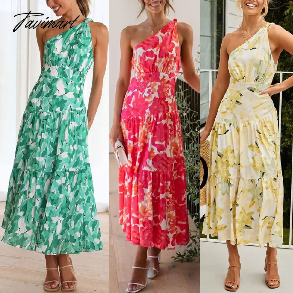 2024 Summer Women's Print Sleeveless Slant Shoulder Long Dress Vestidos Women Clothing