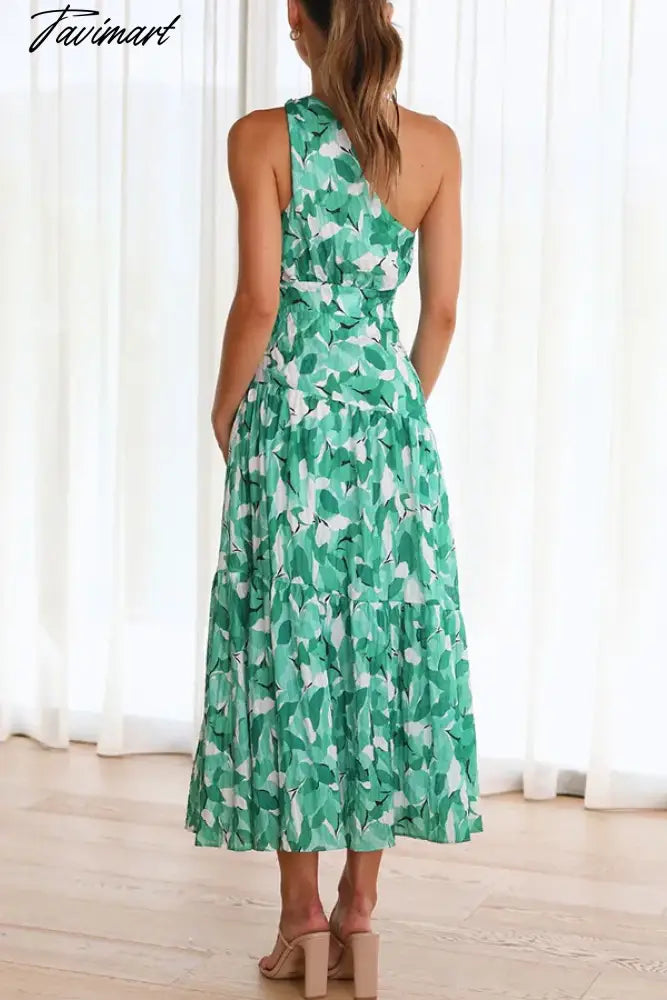 2024 Summer Women's Print Sleeveless Slant Shoulder Long Dress Vestidos Women Clothing