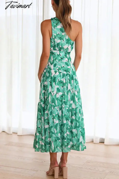 2024 Summer Women's Print Sleeveless Slant Shoulder Long Dress Vestidos Women Clothing