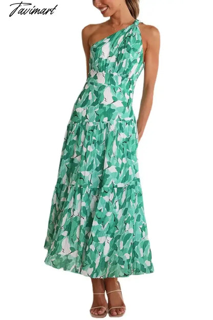 2024 Summer Women's Print Sleeveless Slant Shoulder Long Dress Vestidos Women Clothing
