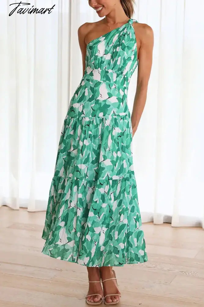 2024 Summer Women's Print Sleeveless Slant Shoulder Long Dress Vestidos Women Clothing